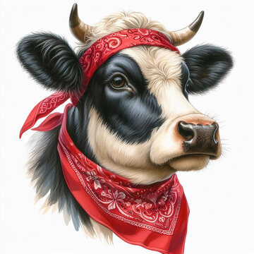 recommend clip art: Cow in red bandana portrait isolated on white background. Head Watercolor.  Generative AI.