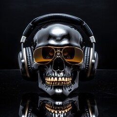 Black polished human skull wearing headphones and sunglasses. Music, heavy metal, rock.