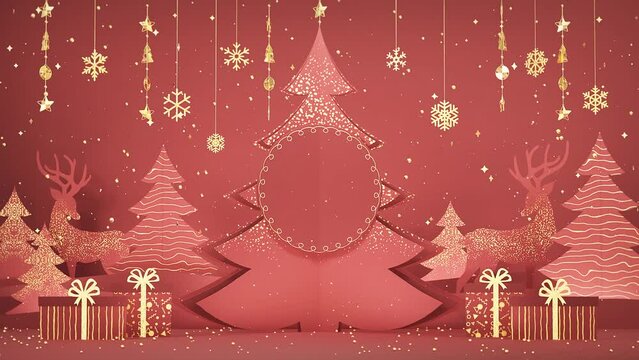 Christmas Popup Invitation Card. Red Golden Themed Ornaments and Gifts Card Animation for Christmas Festival.