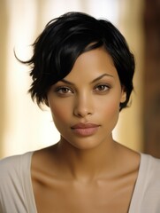 Fototapeta premium Beautiful blonde woman with a fashionable pixie haircut. Women's beauty and fashion.