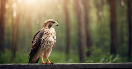  a bird of prey sitting on a ledge in the middle of a forest with the sun shining through the trees.