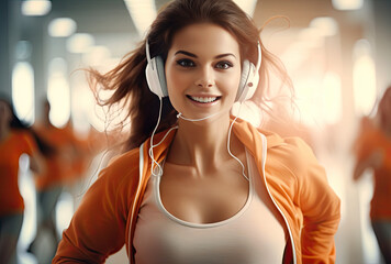 young woman running in gym with earphones