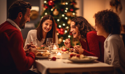 Obraz na płótnie Canvas Happy family is enjoying Christmas dinner at home.