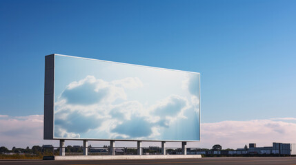 Blank wide advertising board or large billboard on a background of blue sky. Advertising concept, consumerism, white screen, template.