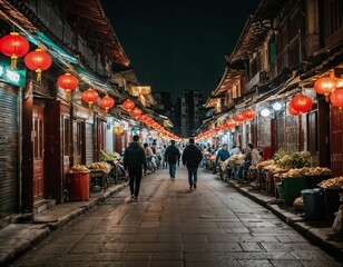 photo of background chinatown street at night, generative AI