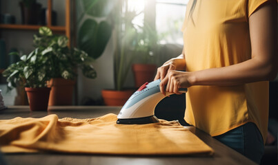 young woman is ironing clothes at home, simple lifestyle and household concept