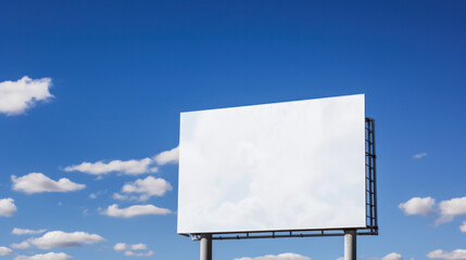 Blank wide advertising board or large billboard on a background of blue sky. Advertising concept, consumerism, white screen, template. - obrazy, fototapety, plakaty