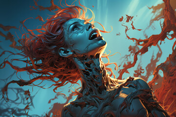 female zombie, close-up portrait. undead, drowned, ghoul girl. negative character. colorful illustration.