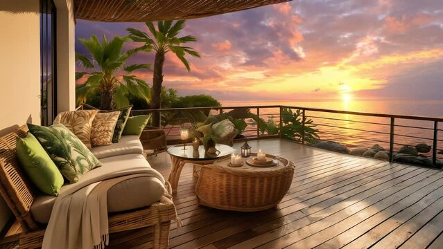Watching the sunset from the terrace of a tropical beach resort hotel. A luxurious relaxing time. Generative AI. 