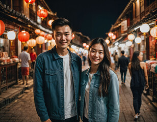 Fototapeta premium photo of happy beautiful young teenage lover couple asian at chinatown street at night, generative AI