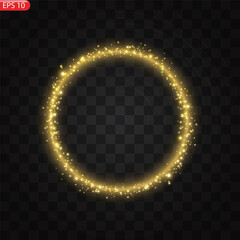 Gold circles frame with glitter light effect. A golden flash flies in a circle in a luminous ring.