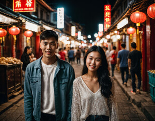Fototapeta premium photo of happy beautiful young teenage lover couple asian at chinatown street at night, generative AI