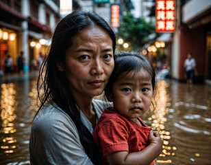 Fototapeta premium photo of middle aged asian woman with daughter during heavy rain and flood on road at chinatown street at night, generative AI