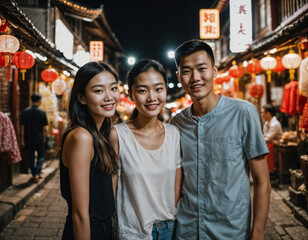 Naklejka premium photo of happy beautiful young teenage lover couple asian at chinatown street at night, generative AI
