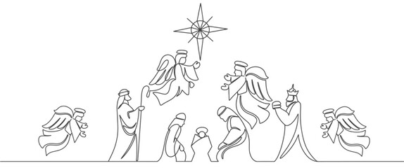 line art drawing. Bible Merry christmas scene of holy family. Vector illustration