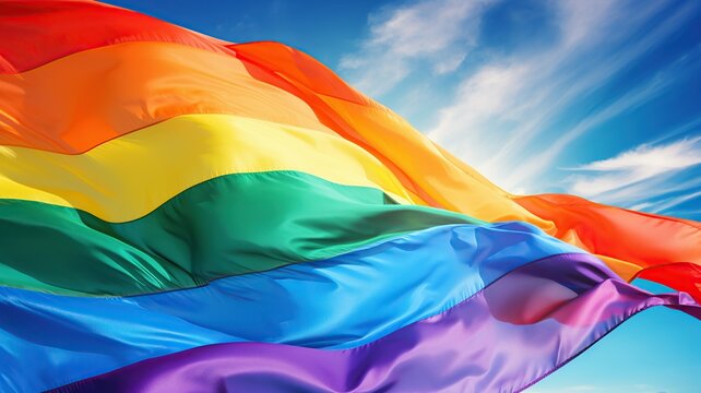 close up view of a rainbow flag floating in a clear blue sky AI generated - Powered by Adobe
