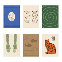 Set of vertical abstract posters in retro asian style for your poster, flyer or banner (Japanese text translation: cat).