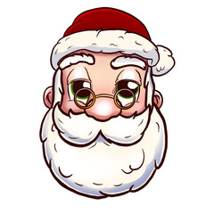 santa Claus's face is kind in cartoon style isolated on transparent background. Cute Santa Claus sticker , carnival mask with a white beard. New Year's and Christmas holidays the face of Santa clipart