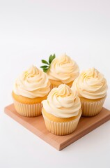Plate of cupcakes with yellow whipped cream frosting.