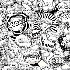Comic book page divided by lines seamless pattern. Black and white background with speech bubbles. Vector illustration