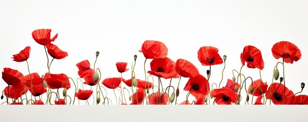 Natural Fresh Poppies isolated on white background / focus on the foreground / floral border