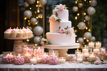 A sophisticated cake table adorned with themed decor, cake stands, and a variety of tempting desserts, creating a delightful centerpiece for celebrations