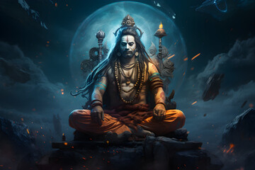 Naklejka premium Mahashivratri is a transcendental spiritual celebration of Lord Shiva in the cosmos, along with Mahamaya and Gurudeva, depicted through electronic art,