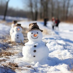 Obraz premium A snowman with a carrot nose and a big smile standing ,Winter Landscape,Panaromic Image