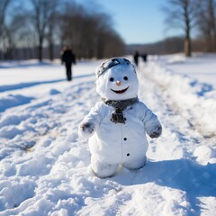 Obraz premium A snowman with a carrot nose and a big smile standing ,Winter Landscape,Panaromic Image