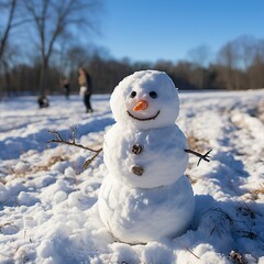 Obraz premium A snowman with a carrot nose and a big smile standing ,Winter Landscape,Panaromic Image