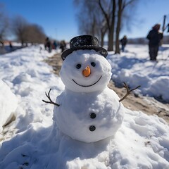 Obraz premium A snowman with a carrot nose and a big smile standing ,Winter Landscape,Panaromic Image