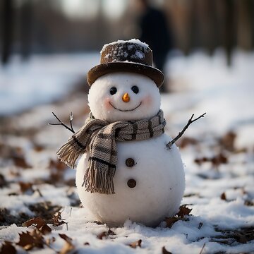 A snowman with a carrot nose and a big smile standing ,Winter Landscape,Panaromic Image