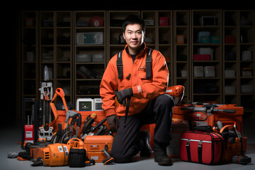 An Asian electrician man working in the tool making company wearing proper uniform from up to down sit on the knee with so many tools around him looking front into camera