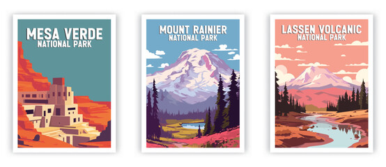 Lassen Volcanic, Mesa Verde, Mount Rainier, Illustration Art. Travel Poster Wall Art. Minimalist Vector art.