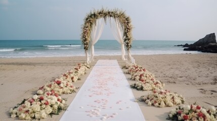 Naklejka premium Scenic wedding arch of flowers on a sandy beach, framed against the backdrop of the sea. A romantic seaside ceremony, blending natural beauty with the elegance of floral decor.