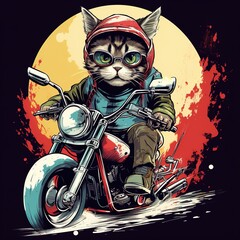 Cat driving a motorcycle in the summer