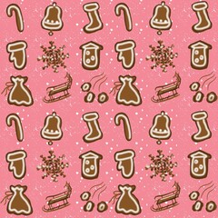 christmas seamless pattern cookies decorated with powdered sugar, cookies with glaze, mitten, sock, snowflake, house, gift bag, sleigh, snowballs, Christmas and New Year's sweets