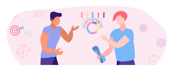 The concept of successful marketing, analytics. Young businessmen discussing partnership. Graph, diagram, calculations, analytics, marketing. Cartoon flat vector illustration.