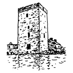 Thoor Ballylee Castle. View of historical Irish tower house in County Galway, Ireland. Yeats Tower. Hand drawn linear doodle rough sketch. Black silhouette on white background.