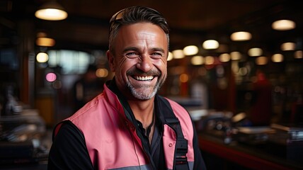 Fototapeta premium Smiling Mature Worker. Male Engineer in Safety Vest at Manufacturing or Construction Site, Radiating Positive Energy and Exemplary Work
