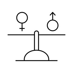 Gender Equality icon. The male symbol and the female symbol stand on the scales with equal weight indicating a symbol of gender equality