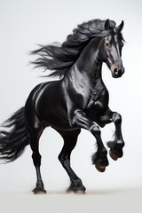 a prancing black horse - side view full body shot on white studio background