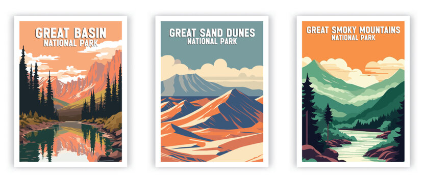 Great Basin, Great Sand Dunes, Great Smoky Mountains, Illustration Art. Travel Poster Wall Art. Minimalist Vector Art.