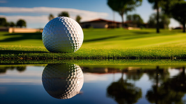 Golf ball on a green manicure course, closeup view with concept of reflection photography by the pond