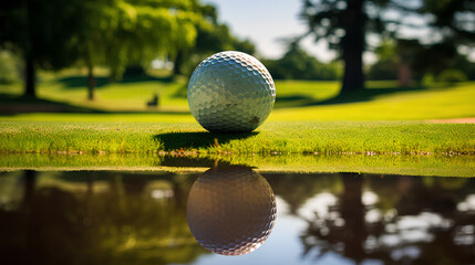 Golf ball on a green manicure course, closeup view with concept of reflection photography by the...