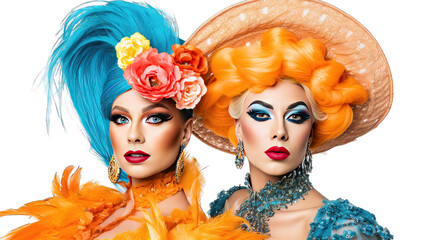 Obraz premium Two drag queens in blue and orange costumes and extravagant make-up. Graphic resource png. 