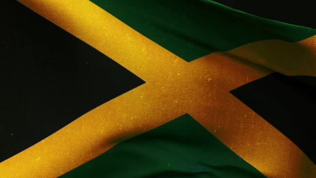 jamaica flag waving closeup. Highly Detailed Fabric Pattern with vintage and retro effect, 3D Rendering video footage for celebration, national award, patriotic, social media etc.