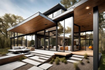 a sleek, modern exterior design for a home, incorporating clean lines, large windows, and a neutral color palette