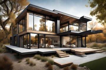 a sleek, modern exterior design for a home, incorporating clean lines, large windows, and a neutral color palette - obrazy, fototapety, plakaty