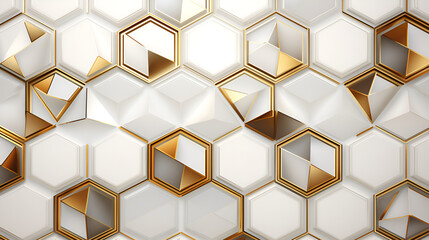 3D Wallpapers with Abstract White and Golden Hexagons.AI Generative 